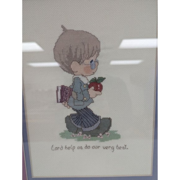 Precious Moments Cross Stitch Matted Framed Decor 17 X 20" Boy School Do Best - Picture 2 of 3